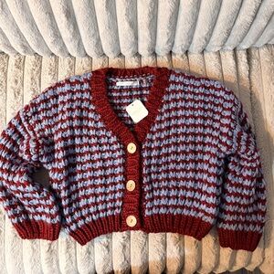 Altar’d State Chunky Knit Cropped Cardigan Blue Burgundy | NWT | M